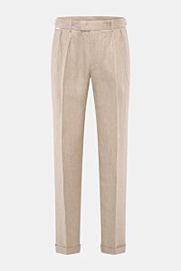 Frontansicht der 04651/ A trip in a bag Leinenhose taupe meliert aus reinem Leinen, tapered Fit mit Bundhaken, Saumaufschlag, Bund-Adjuster.