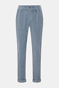 Front view of 04651/ A trip in a bag Cordhose rauchblau, stylish tapered fit corduroy pants with elastic cotton, soft feel, ankle length, zipper, button, and welt back pockets.