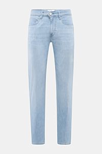 Front view of Ace Denim Jeans 'AD 15 bleached' light blue, slim fit with very tapered cut, button fly, five-pocket style, coin pocket, woven patch. ACE DENIM stands for hand-made jeans and sustainable production processes – the model 'AD 15' is made of a 