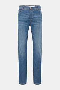 Front view of Richard J. Brown Jeans 'Tokyo' smoky blue, slim fit denim with tapered cut, button fly, five-pocket style, soft cotton, linen, and lyocell blend. Timeless skill in denim workmanship combines premium comfort with precise finish, featuring sli