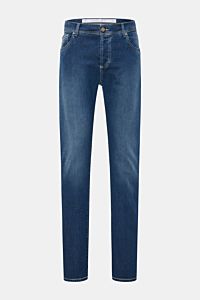 Richard J. Brown Jeans 'Tokyo' dunkelblau, Slim Fit, Five-Pocket-Stil mit Button Fly, weich, leicht elastisch, Lederpatch, frontale Produktaufnahme.
