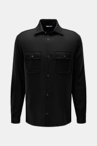 Front view of Marco Pescarolo Casual shirt 'Next' Kent collar black in pure virgin wool, slim fit with soft feel, French button placket, classic barrel cuffs, straight hem, and two chest pockets. Exclusive casual look with maximum comfort: This elegant MA