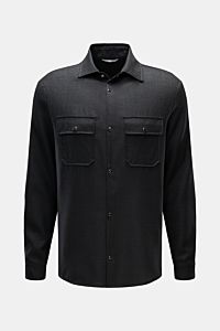 Front view of Marco Pescarolo Casual shirt 'Next' Kent collar anthracite mottled in pure virgin wool, slim fit with soft feel, French button placket, classic barrel cuffs, two flap chest pockets, and straight hem. 

Exclusive casual look with maximum c