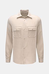 Front view of Marco Pescarolo Casual shirt 'Next' Kent collar beige mottled in pure virgin wool with slim fit, French button placket, barrel cuffs, and straight hem. 

Exclusive casual look with maximum comfort: This elegant MARCO PESCAROLO shirt in pu