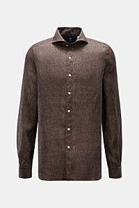 Finamore Leinenhemd 'Sergio Gaeta' Haifisch-Kragen braun meliert, Frontansicht, Regular Fit, leichte Leinwandbindung, extralange Ärmel, klassische Sportmanschette.