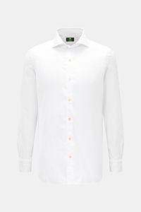 Borrelli Oxford Hemd 'Ettore' Haifisch-Kragen weiß, frontal fotografiert, aus reiner Baumwolle, Extra Slim Fit, Haifisch-Kragen, französische Knopfleiste, lange Ärmel, klassische Sportmanschette.