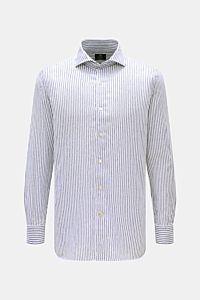 Borrelli Leinenhemd 'Ettore' Haifisch-Kragen navy/weiß gestreift, Extra Slim Fit, reine Leinenqualität, frontale Ansicht mit langen Ärmeln.