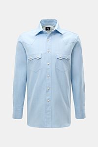 Doppiaa Jeanshemd 'Aariosto' Kent-Kragen hellblau, Frontansicht, Regular Fit, weicher Denim, Western-Stil mit Perlmutt-Druckknöpfen.