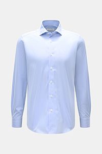 Front view of Guglielminotti Casual shirt shark collar blue/white striped, pure cotton slim fit with shark collar, mother-of-pearl buttons, barrel cuffs, waist darts, and rounded hem 