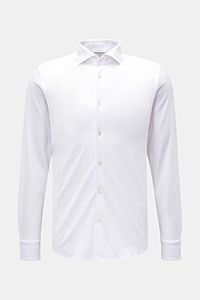 Stefan Brandt Jersey-Hemd 'Otis' Haifisch-Kragen weiß, frontale Ansicht, flexibler, geschmeidiger Jersey aus reiner Pima-Baumwolle, Extra Slim Fit, französische Knopfleiste, klassische Sportmanschette, gerundeter Saum.