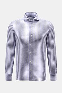 Giampaolo Casual Hemd Haifisch-Kragen navy/weiß gestreift, Slim Fit, Baumwolle-Leinen, leicht strukturiert, Haifisch-Kragen, Knopfleiste, Sportmanschette, gerundeter Saum, frontale Nahaufnahme.