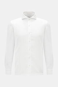 Giampaolo Casual Hemd Haifisch-Kragen weiß, frontal fotografiert, Slim Fit, Baumwoll-Leinen-Mix, feste Haptik, klassischer Saum und Manschetten.