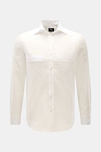 Doppiaa Casual Hemd 'Aantero' Haifisch-Kragen offwhite, Slim Fit, aus reiner Baumwolle, frontale Nahaufnahme mit Brusttaschen und klassischer Sportmanschette.