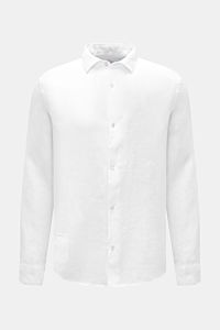 Front view of the 04651/ A trip in a bag Leinenhemd schmaler Kragen weiß, a white pure linen shirt with narrow collar, classic sport cuffs, and lightweight airy texture.

Mühelose Leich