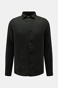 Front view of 04651/ A trip in a bag Leinenhemd schmaler Kragen schwarz, a black linen shirt with slim collar, button placket, and long sleeves.

Mühelose Leichtigkeit
