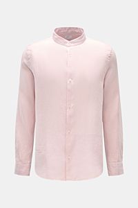 04651/ A trip in a bag Leinenhemd 'Linen Guru' Grandad-Kragen rosé, frontale Ansicht, reines Leinen, weicher Griff, Regular Fit, französische Knopfleiste, kleine Leistentasche, klassische Sportmanschette, leicht gerundeter Saum, kurze Saumschlitze.