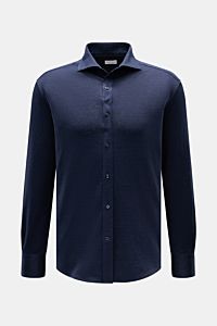 Brunello Cucinelli Jersey-Hemd Haifisch-Kragen navy meliert, frontale Aufnahme, Regular Fit, weicher Griff, Leinen-Baumwoll-Mix, Knopfleiste, Sportmanschette, gerundeter Saum.