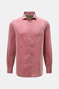 Front view of Brunello Cucinelli Leinenhemd Haifisch-Kragen rot meliert, a red melange linen shirt with a shark collar, mother-of-pearl buttons, classic sport cuffs, and a slightly rounded hem. Feinste Leinenqualität: Das sommerlich-leichte Hemd mit Haifi