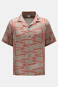 Leinen-Kurzarmhemd Kubanischer Kragen taupe/rot gemustert