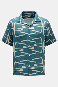 04651/ A trip in a bag Leinen-Kurzarmhemd Kubanischer Kragen graublau/taupe gemustert