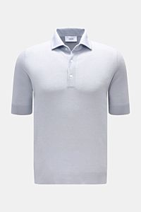 Front view of Lardini Short sleeve knit polo smoky blue in a slim fit, made from a linen and cotton blend with a fine airy knit, featuring a signature polo collar, three-button placket, and flexible ribbed bands. Elegance for warmer seasons, slightly robu