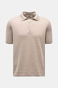 Fioroni Short sleeve knit polo beige mottled shown from the front, lightweight linen and cotton blend with dress-shirt collar, three-button placket, and flexible ribbed bands, regular fit, fine airy knit, soft feel, summery luxury knitwear.