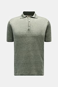 Front view of Fioroni Linen short sleeve knit polo dark green/beige mottled, featuring a slim fit, dress-shirt collar, and three-button placket. Summery lightness by FIORINI: This short sleeve knit polo embodies the best Italian quality and is made of pur