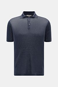 Front view of Fioroni Linen short sleeve knit polo navy mottled, slim fit with dress-shirt collar, three-button placket, made of pure linen.

Description: Summery lightness by FIORINI: This short sleeve knit polo embodies the best Italian quality and i