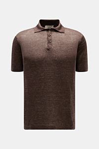 Front view of Fioroni Linen short sleeve knit polo shirt brown mottled, featuring a slim fit, dress-shirt collar, three-button placket, and narrow bands.

Description: Summery lightness by FIORINI: This short sleeve knit polo embodies the best Italian 