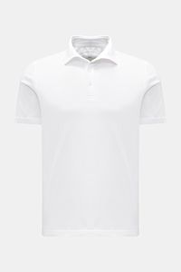 Fedeli Jersey-Poloshirt 'Zero' weiß, Slim Fit, garment dyed, Haifisch-Kragen, Perlmuttknöpfe, seitliche Saumschlitze, reine Bio-Baumwolle, Frontansicht.