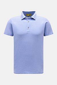 Front view of B.F. Knitwear Jersey polo shirt blue mottled, a slim fit, pure cotton polo with classic collar and soft feel, ideal for warmer months. Uncomplicated classic: This jersey polo shirt by B.F. KNITWEAR is a versatile basic for the warmer mont