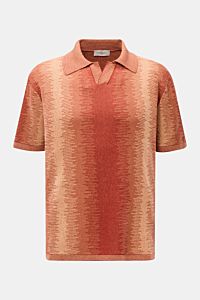 Front view of Piacenza 1733 Short sleeve knit polo red/light red/apricot patterned, featuring a slim fit, lightweight silk and cotton knit, fine knit with contrasting color knit pattern, knit polo shirt collar, and open collar strip. 

A touch of luxur