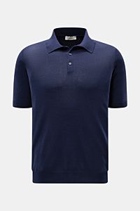Piacenza 1733 Kurzarm-Strickpolo navy, Frontansicht, Slim Fit, feiner Baumwollstrick, Polokragen, 3-Knopf-Leiste, Rippbündchen, weich.