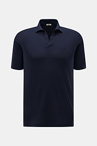Front view of a navy blue BRAUN Hamburg Jersey polo shirt, sporty style with pure cotton jersey, slim fit, dress-shirt collar, open collar placket, and hem with side vents. Sporty style for the new season: BRAUN HAMBURG has processed pure cotton into fine