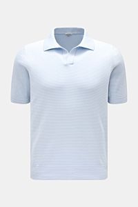BRAUN Hamburg Short sleeve knit polo light blue/white striped shown from the front, nautical style with slim fit, soft pure cotton knit, fine stripes, open collar placket, ribbed bands, classic polo collar, timeless design. 

Nautical style gets a mode