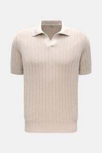 Gran Sasso Short sleeve knit polo beige shown from the front, featuring a classic polo collar, open collar placket, wide ribbed bands, slim fit, and a distinctive heavy pure cotton knit fabric with textured pattern. Classic polo silhouette meets a distinc