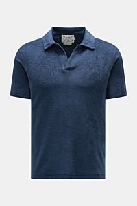 MC2 Saint Barth Frottee-Poloshirt 'Jeremy' navy, slim fit, kurzarm, offener Polokragen, weicher Griff, Logo-Stitching am Ärmel, frontale Nahaufnahme.