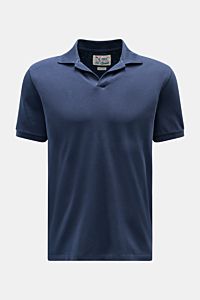 MC2 Saint Barth 'Charles' polo shirt navy shown from the front, featuring pure piqué cotton, elasticated fabric, soft feel, slim fit, signature collar, open collar strip, logo stitching on sleeve, ribbed bands, and short hem vents. 