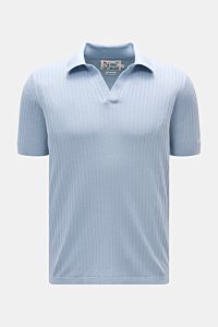 MC2 Saint Barth Short sleeve knit polo smoky blue shown front view, fine knit linen-cotton blend, slim fit, open collar, ribbed bands.
