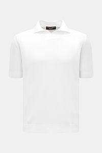 Front view of Filippo de Laurentiis Short sleeve knit polo shirt white, showcasing summery elegance with fine cotton knit, slim fit, signature collar, open collar placket, and ribbed bands for smart summer looks. Summery elegance at its most relaxed: T