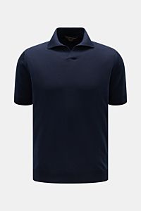 Filippo de Laurentiis Kurzarm-Strickpolo navy, frontal fotografiert, Slim Fit, Polokragen mit offener Kragenleiste, feiner Baumwollstrick, Rippbündchen.