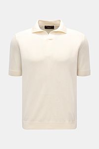 Front view of Filippo de Laurentiis Short sleeve knit polo cream, knit from pure cotton with slim fit and ribbed bands, featuring a signature polo collar and open collar placket for smart summer looks. Summery elegance at its most relaxed: This short s