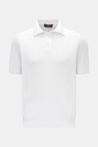Filippo de Laurentiis Kurzarm-Strickpolo weiß, Slim Fit, reine Baumwolle, feiner Strick, Polokragen, Drei-Knopf-Leiste, Rippbündchen, frontale Nahaufnahme.