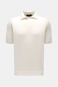 Front view of Filippo de Laurentiis Kurzarm-Strickpolo offwhite, a slim fit short-sleeve polo made of pure cotton with a soft touch, fine knit, tailored collar, smooth three-button placket, and fine ribbed cuffs. Ein perfektes Sommer-Basic: Das Kurzarm