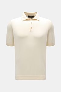 Front view of Filippo de Laurentiis Kurzarm-Strickpolo creme, a slim fit short-sleeve knit polo in soft pure cotton with a crafted collar, smooth three-button placket, fine ribbed cuffs, and a timeless design. Ein perfektes Sommer-Basic: Das Kurzarm-St