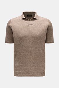 Filippo de Laurentiis Kurzarm-Strickpolo 'Skipper' braun/creme meliert, Slim Fit, aus Leinen-Baumwoll-Mix, feines Strickbild, weicher Griff, von vorne.