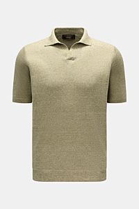 Filippo de Laurentiis Kurzarm-Strickpolo „Skipper“ grün/creme meliert, Slim Fit, Leinen-Baumwoll-Mix, weicher Griff, klassischer Polokragen, offene Kragenleiste, Rippbündchen, frontale Ansicht.