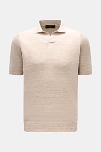 Filippo de Laurentiis Kurzarm-Strickpolo 'Skipper' grau/beige meliert, frontale Nahaufnahme, Leinen-Baumwollmix, Slim Fit, Polokragen, offener Kragen, Rippbündchen, feines Strickbild, weicher Griff.