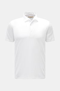 Front view of Aurélien Jersey-Poloshirt weiß, a versatile basic for spring and summer made of pure, long-staple Egyptian cotton with a smooth, cool touch. Features include slim fit, tailored polo collar, three-button placket, and short side slits.