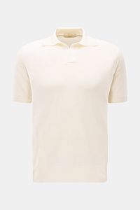Front view of Aurélien Kurzarm-Strickpolo 'Cashwool' offwhite, a spring essential made of pure Merino wool with a soft touch, fine knit, slim fit, classic polo collar, open placket, and comfortable ribbed cuffs.